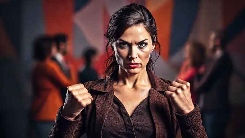 Mujer fuerte desafiante en un fondo borroso