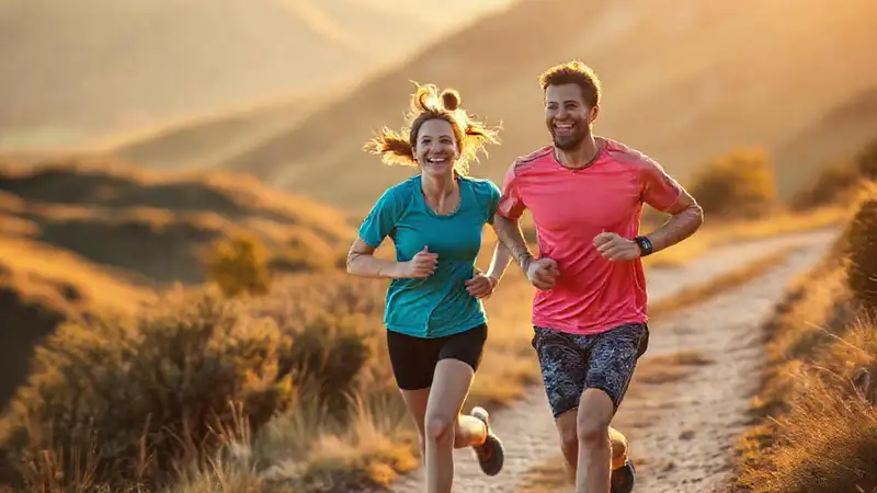 Pareja activa disfruta corriendo al sol